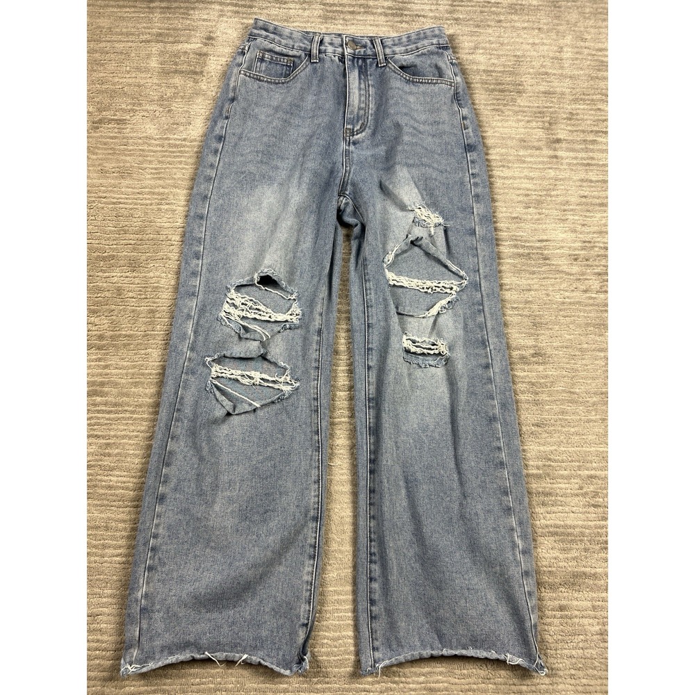 Cider Jeans Womens Small Blue Denim Destroyed Wide Leg Baggy High Rise Y2K